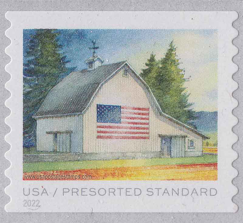 US 2022 Flag on White With Gambrel Roof ; Coil 10c. Scott. 5686