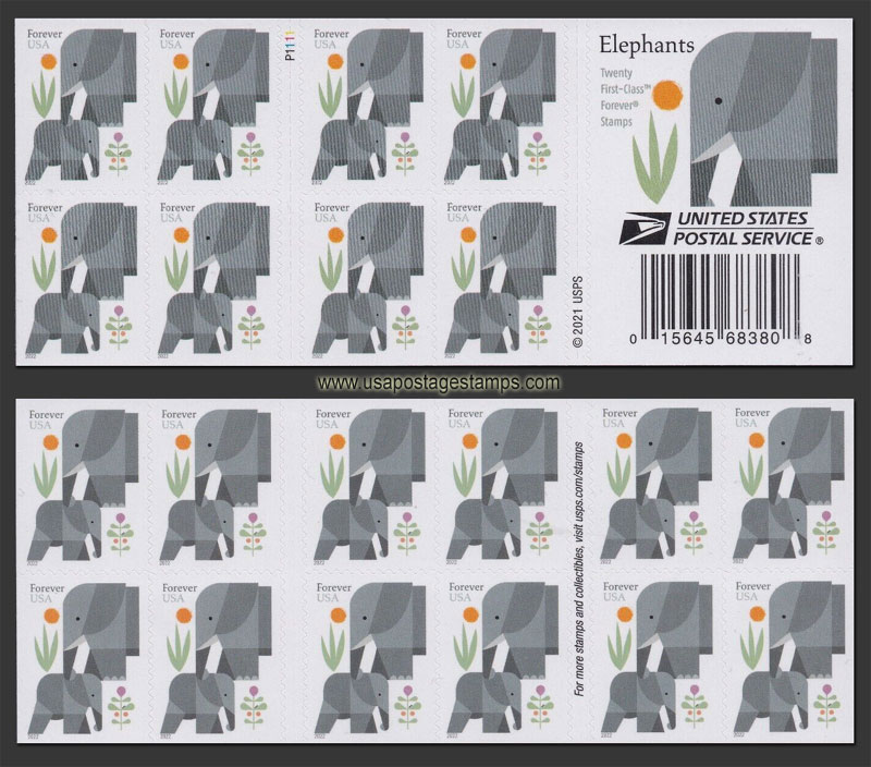US 2022 Elephants ; Booklet 60c.x20 Scott. 5714a