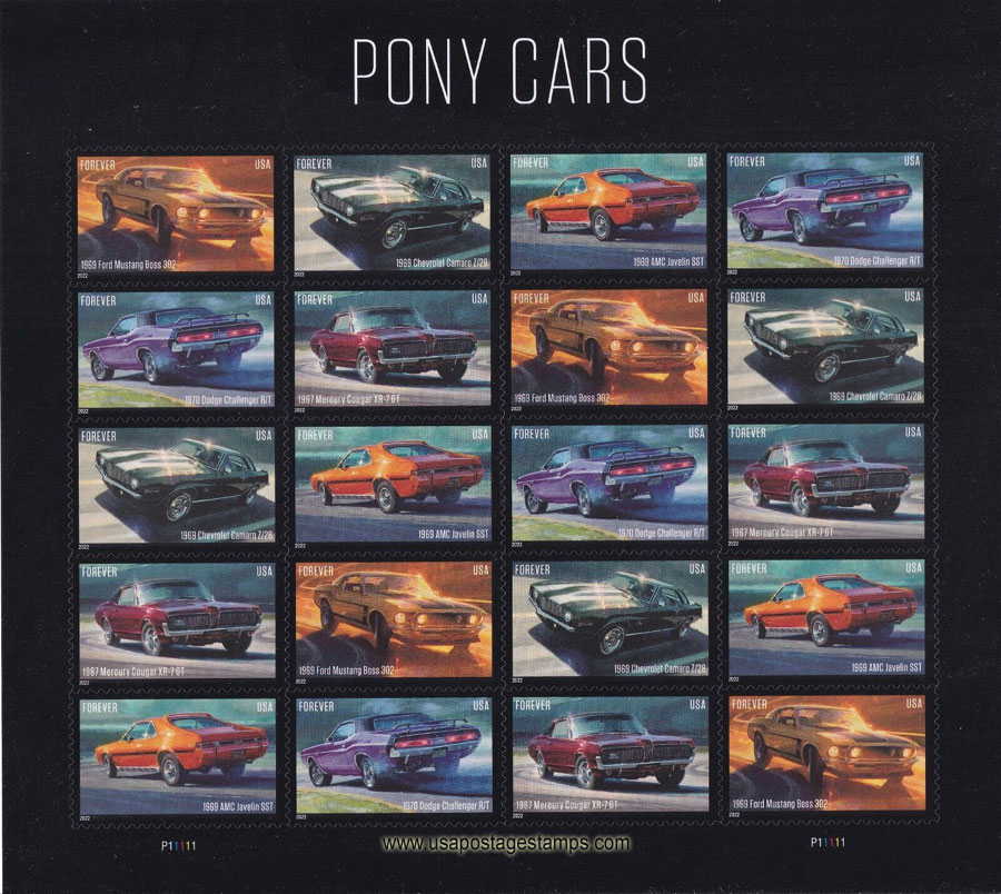 US 2022 Pony Cars ; Full Sheet 60c.x20 Scott. 5715-5719MS