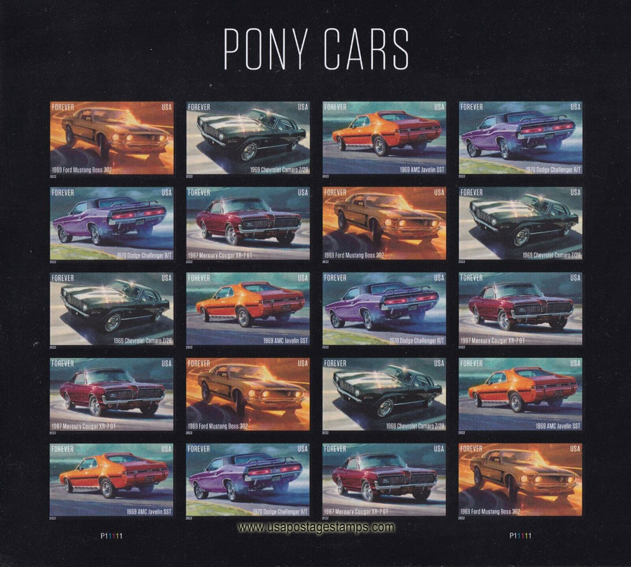 US 2022 Pony Cars ; Full Sheet Imperf. 60c.x20 Scott. 5715a-5719aMS