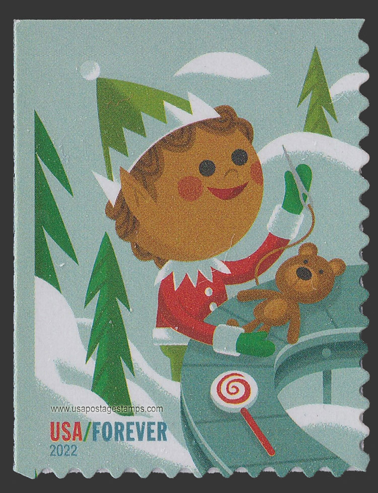 US 2022 Holiday Elves : Elf Sewing Teddy Bear 60c. Scott. 5721