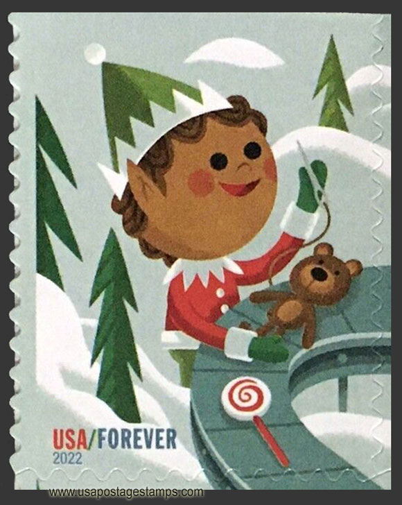 US 2022 Holiday Elves : Elf Sewing Teddy Bear 60c. USPS 5721c