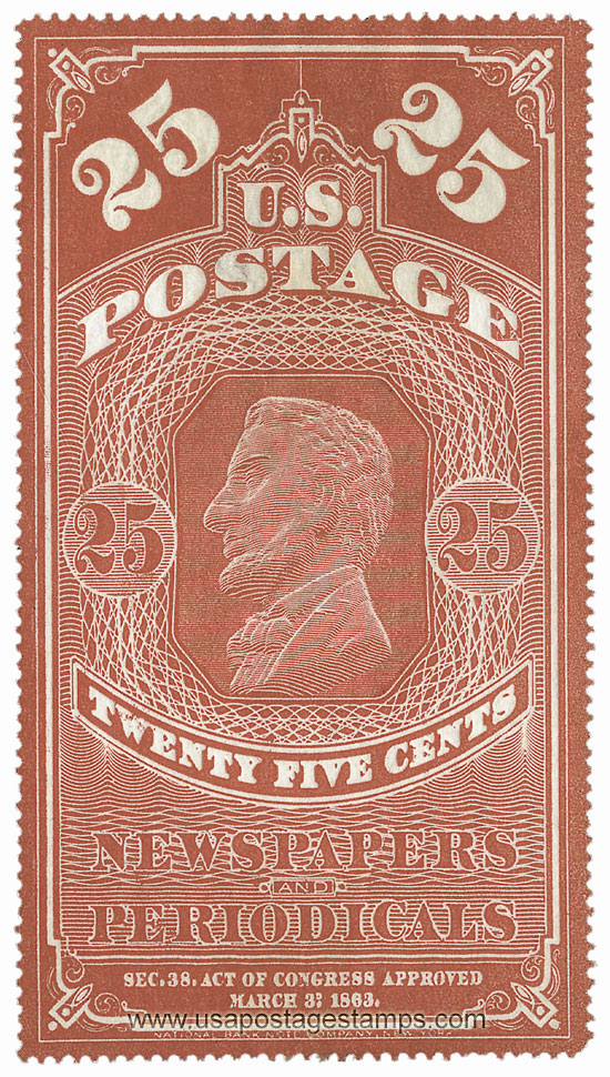 US 1865 Abraham Lincoln (1809-1865) 25c. Scott. PR3a Newspaper Stamp
