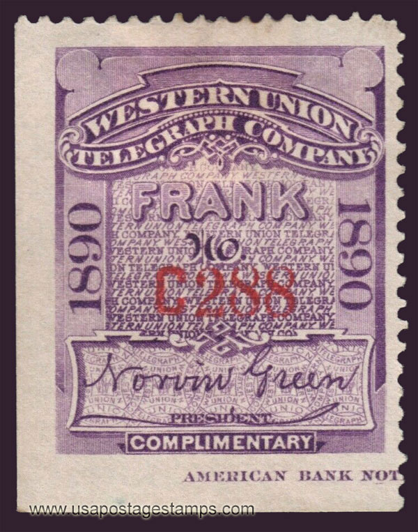 US 1890 Western Union Telegraph Company 'Frank' 0c. Scott. 16T20