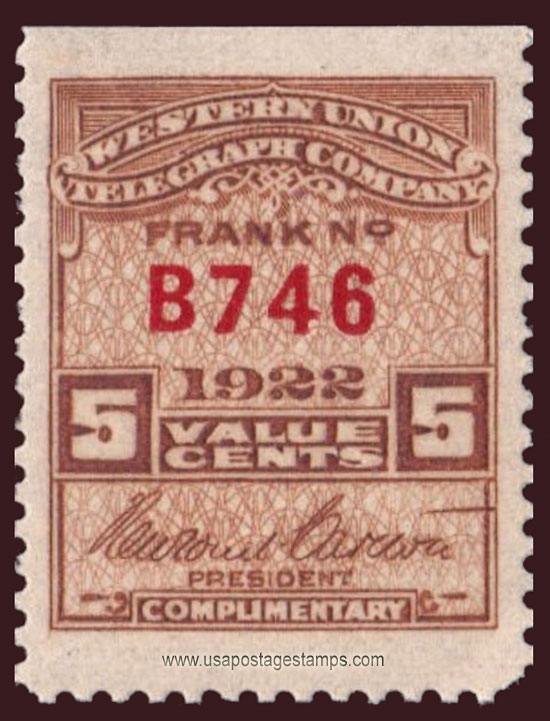 US 1922 Western Union Telegraph Company 'Frank' 5c. Scott. 16T61