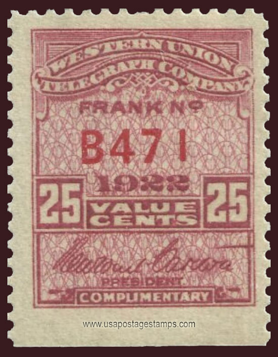 US 1922 Western Union Telegraph Company 'Frank' 25c. Scott. 16T62