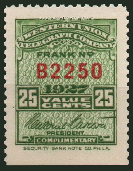 US 1927 Western Union Telegraph Company 'Frank' 25c. Scott. 16T72