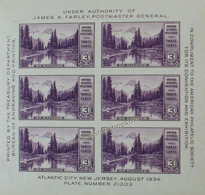 US 1934 APS Stamp Exhibition ; Mount Rainier National Park 3c.x6 S/S Scott. 750