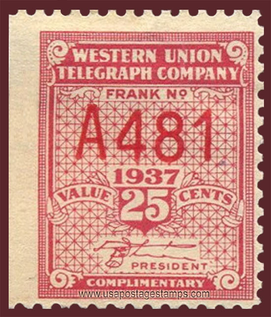 US 1937 Western Union Telegraph Company 'Frank' 25c. Scott. 16T92