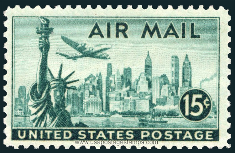 US 1947 'Airmail' Statue Of Liberty, NY Skyline, Lockheed Plane 15c. Scott. C35
