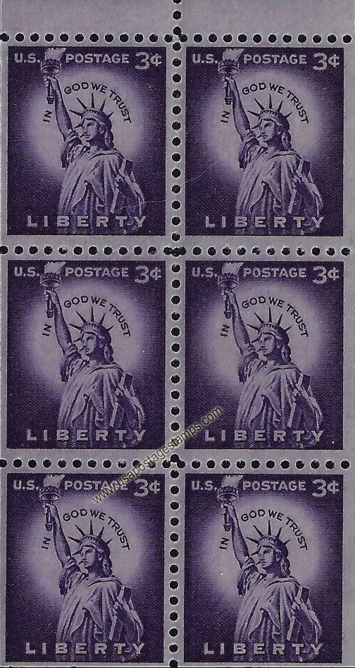 US 1954 Statue of Liberty, New York City, Booklet Pane 3c.x6 Scott. 1035a