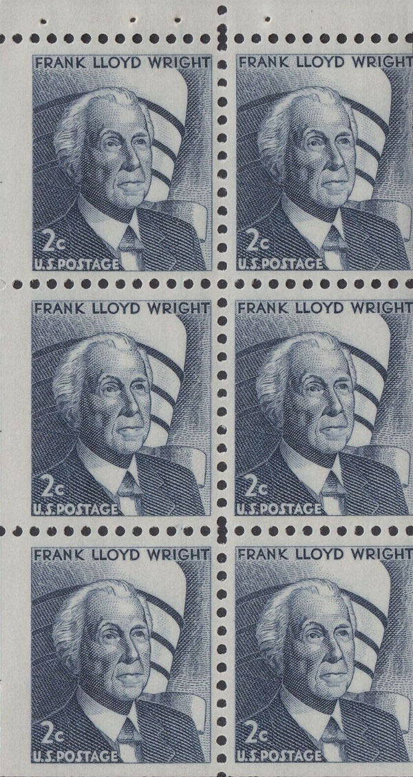 US 1966 Frank Lloyd Wright ; Booklet Pane 2c.x6 Scott. 1280c