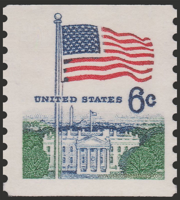 US 1969 United States Flag and White House, Coil 6c. Scott. 1338A