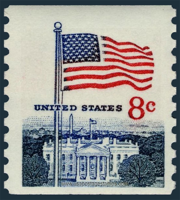 US 1969 United States Flag and White House, Coil 6c. Scott. 1338G