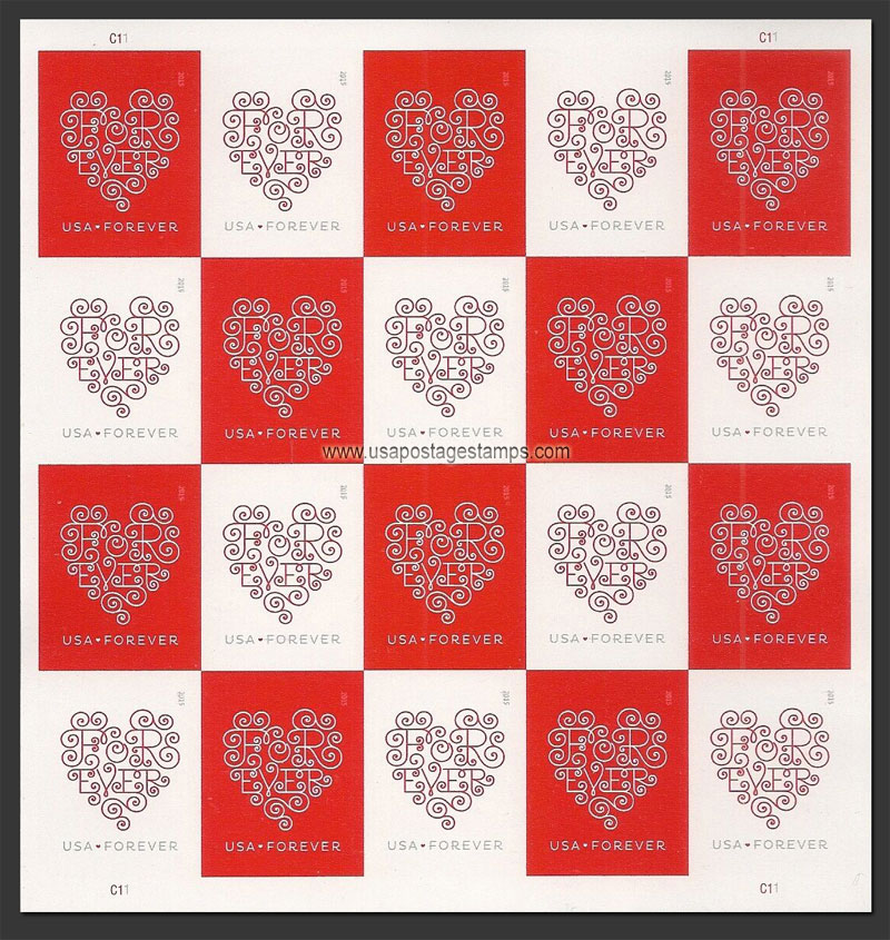 US 2015 Love Series - Lace Hearts ; Imperf. Full Sheet 49c.x20 Scott. 4956bMS