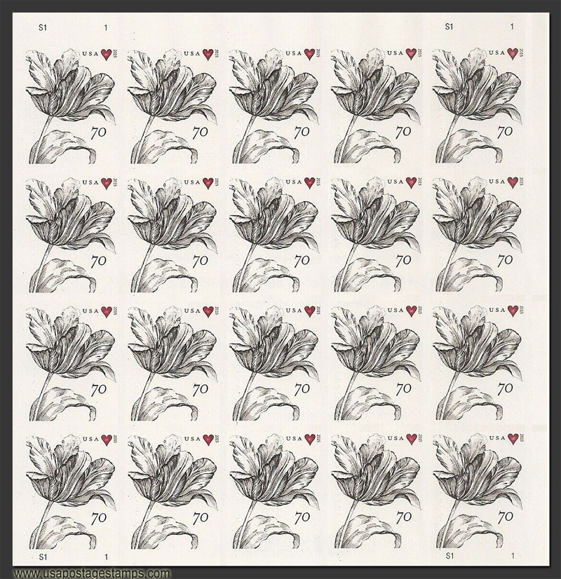 US 2015 Vintage Tulip Flowers ; Imperf. Full Sheet 70c.x20 Scott. 4960aMS