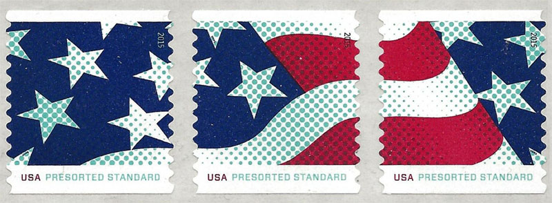US 2015 Stars & Stripes Presorted Rate ; Se-tenant Coil 10c.x3 Scott. 4963a