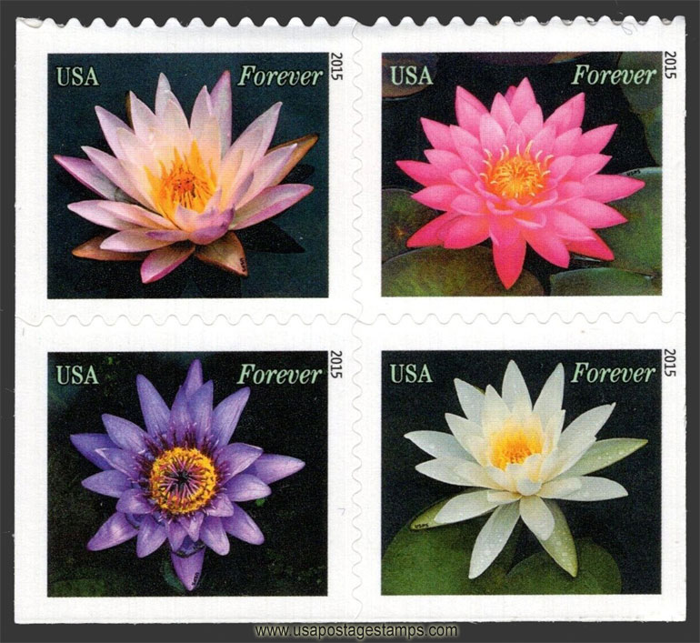 US 2015 Water Lilies Flowers ; Se-tenant 49c.x4 Scott. 4967a