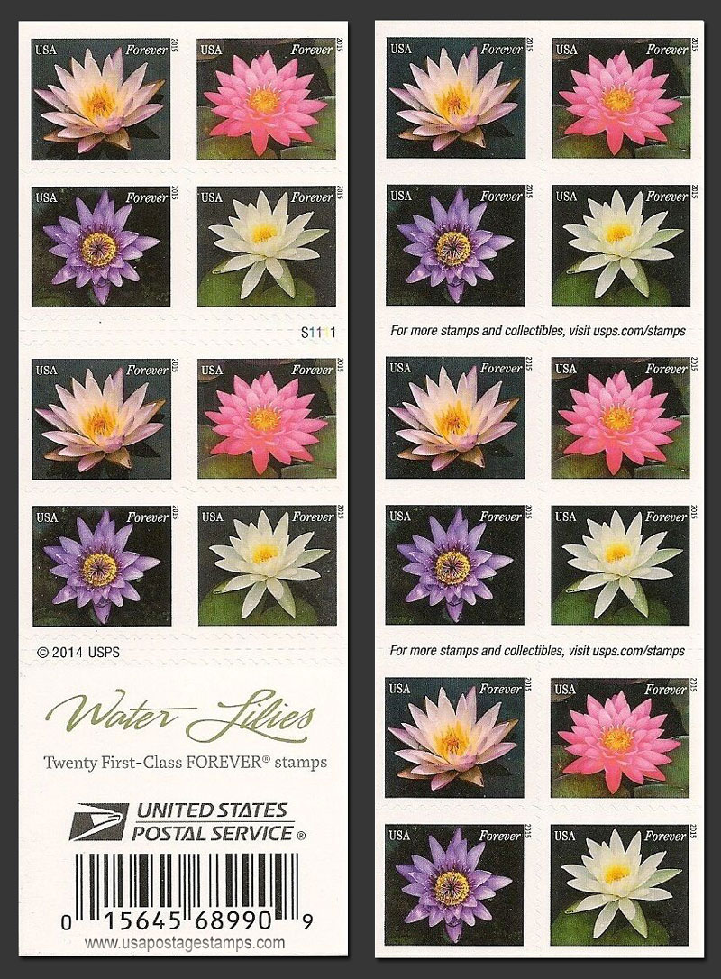 US 2015 Water Lilies Flowers ; Booklet 49c.x20 Scott. 4967b