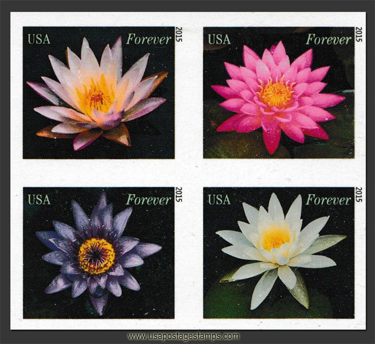 US 2015 Water Lilies Flowers ; Imperf. Se-tenant 49c.x4 Scott. 4967c