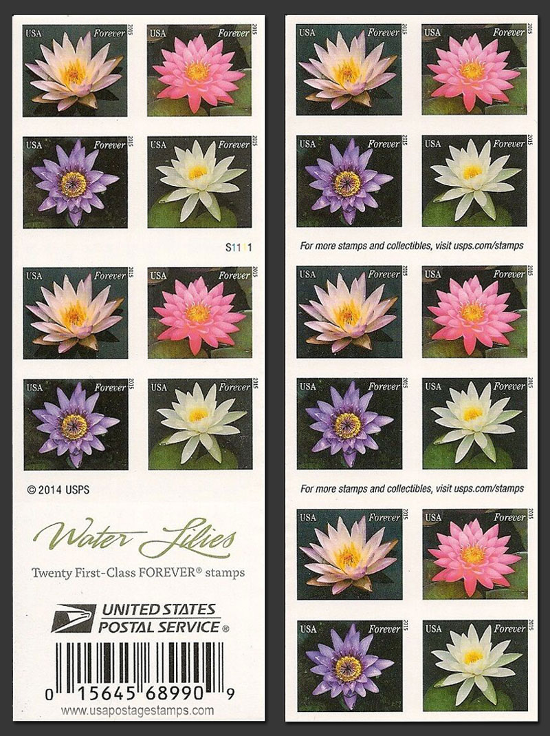 US 2015 Water Lilies Flowers ; Imperf. Booklet 49c.x20 Scott. 4967d