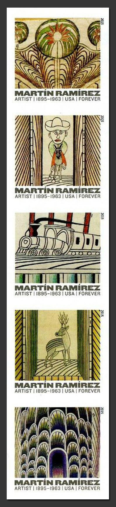 US 2015 Martin Ramirez Arts ; Imperf. Se-tenant 49c.x5 Scott. 4972b