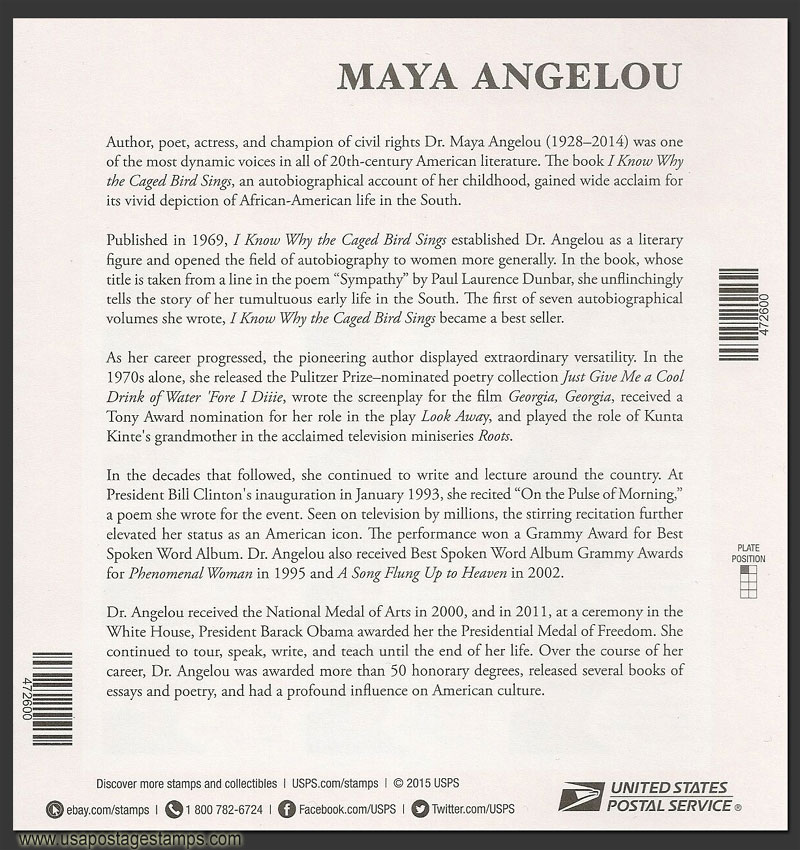 US 2015 Maya Angelou ; Imperf. Full Sheet Reverse Scott. 4979aMS