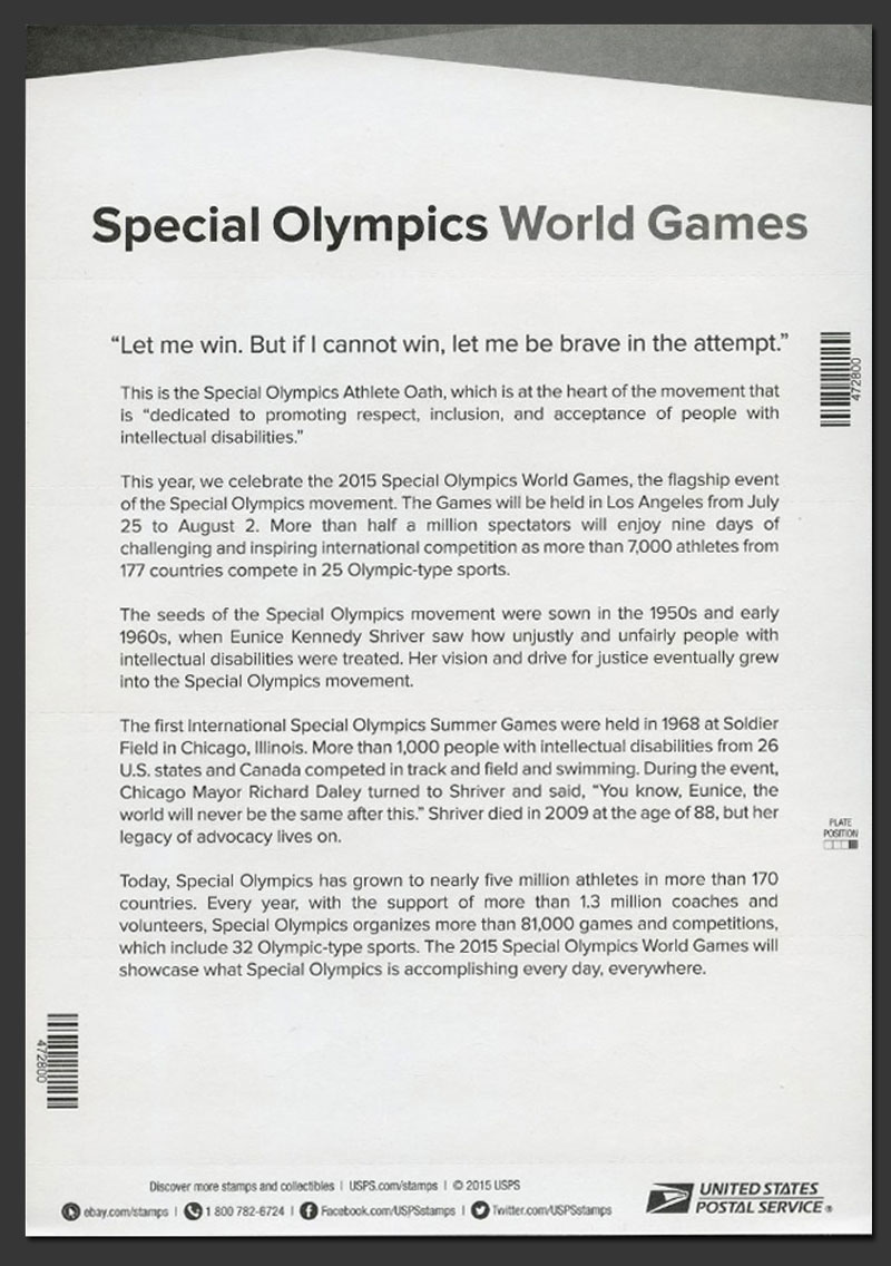 US 2015 Special Olympics World Games ; Reverse Scott. 4986aMS