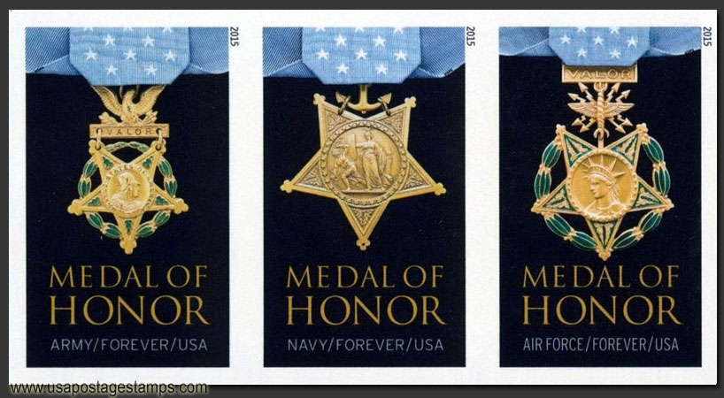 US 2015 Medal of Honor ; Imperf. Se-tenant 49c.x3 Scott. 4988b