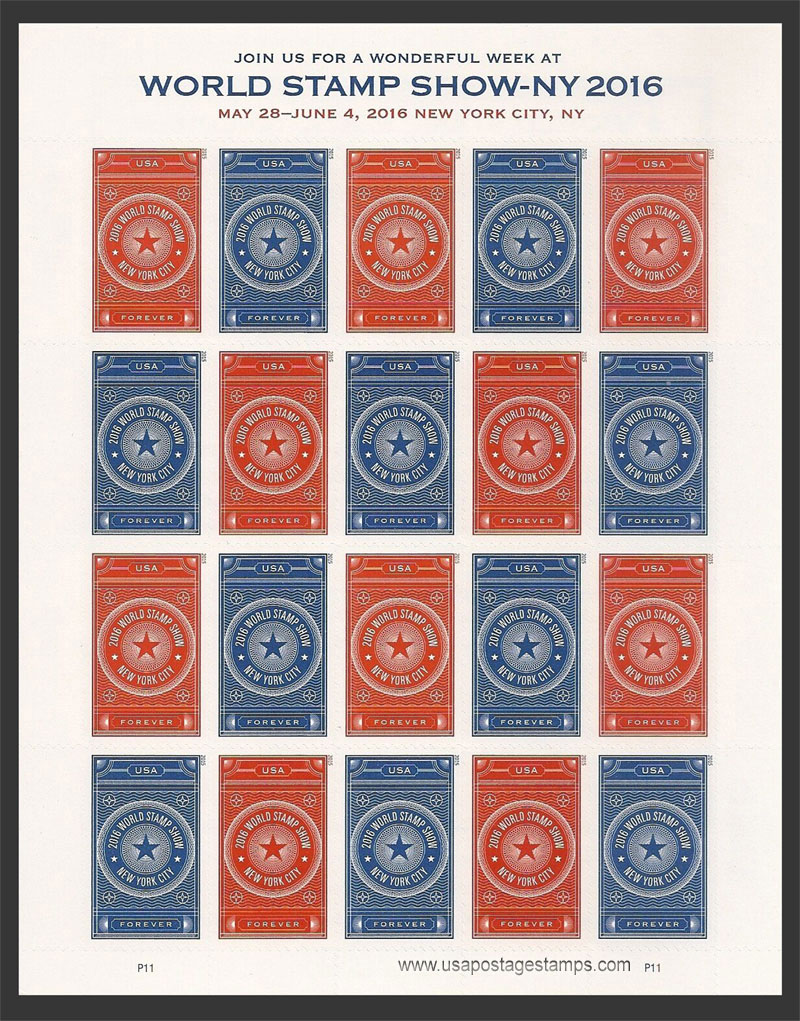 US 2015 World Stamp Show - NY 2016 ; Full Sheet 49c.x20 Scott. 5011MS