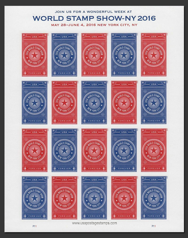 US 2015 World Stamp Show - NY 2016 ; Imperf. Full Sheet 49c.x20 Scott. 5011bMS