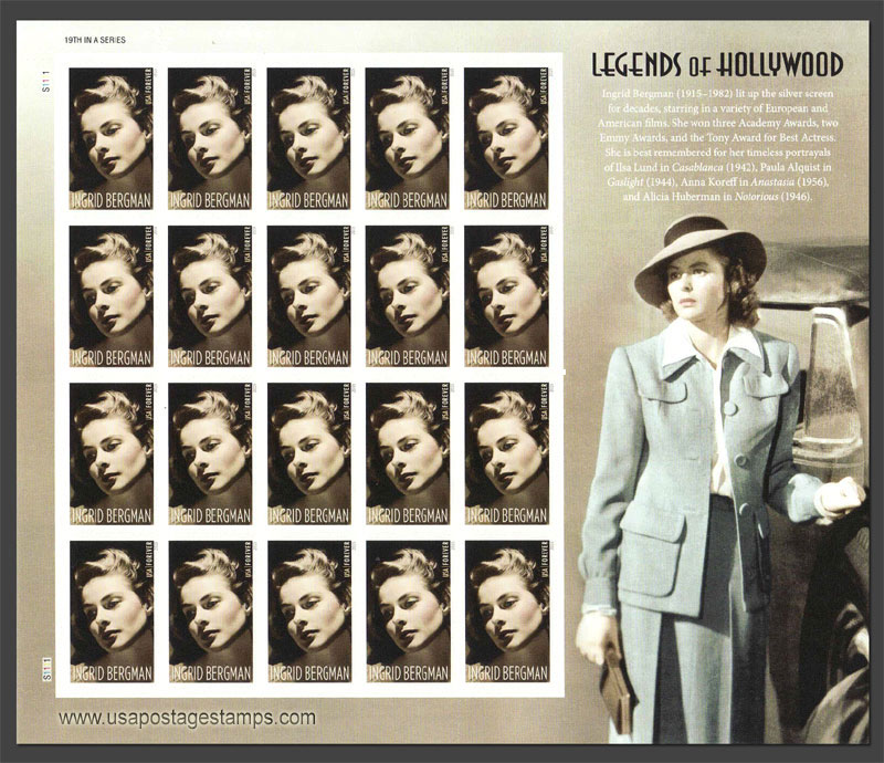 US 2015 Ingrid Bergman ; Imperf. Full Sheet 49c.x20 Scott. 5012aMS