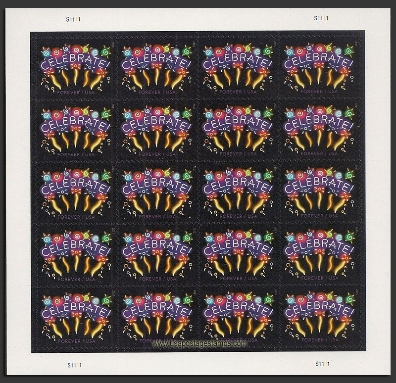 US 2015 Neon Celebrate! ; Full Sheet 49c.x20 Scott. 5019MS