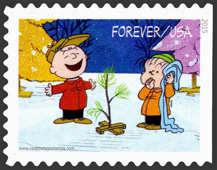 US 2015 Christmas : Charlie Brown and Linus by Christmas Tree 49c. Scott. 5028