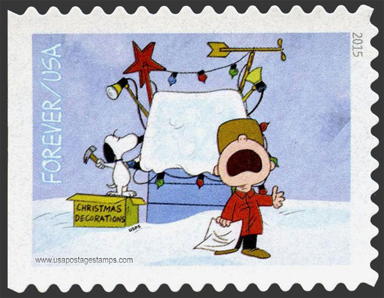US 2015 Christmas : Charlie Brown with Snoopy Decorating his Doghouse 49c. Scott. 5029
