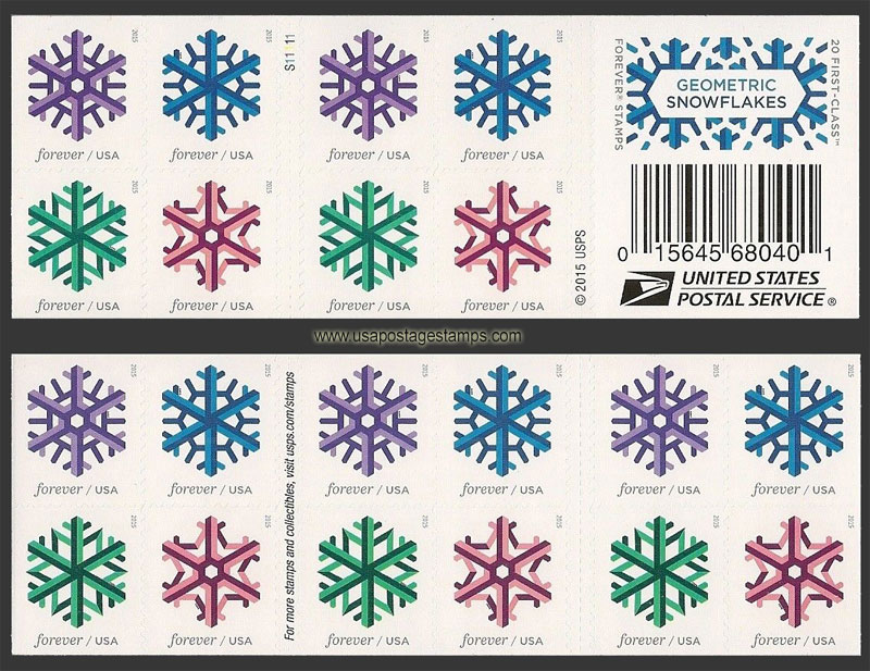 US 2015 Geometric Snowflakes ; Booklet 49c.x20 Scott. 5034b