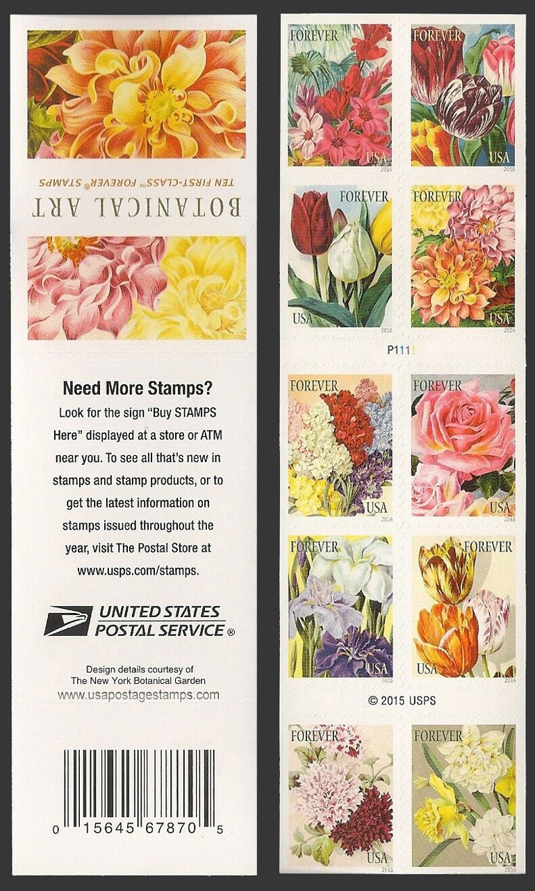 US 2016 Botanical Art ; Booklet Pane 49c.x10 Scott. 5051b