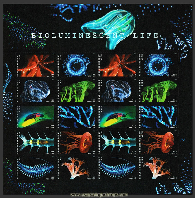 US 2018 Bioluminescent Life Underwater ; Full Sheet 50c.x20 Scott. 5273MS