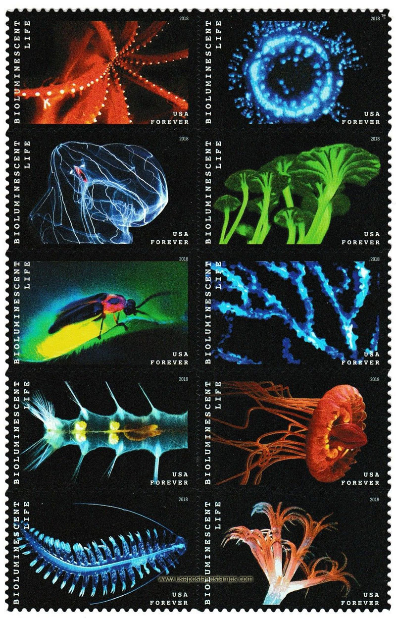 US 2018 Bioluminescent Life Underwater ; Se-tenant 50c.x10 Scott. 5273a
