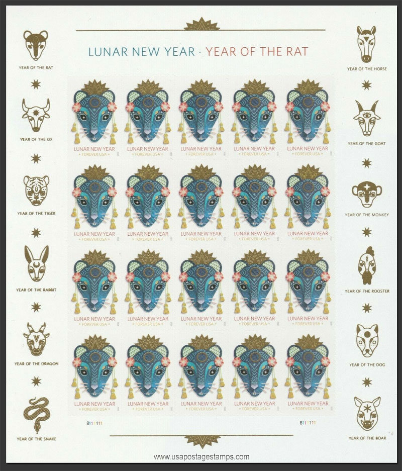US 2020 Year of the Rat ; Full Sheet 55c.x20 Scott. 5428MS