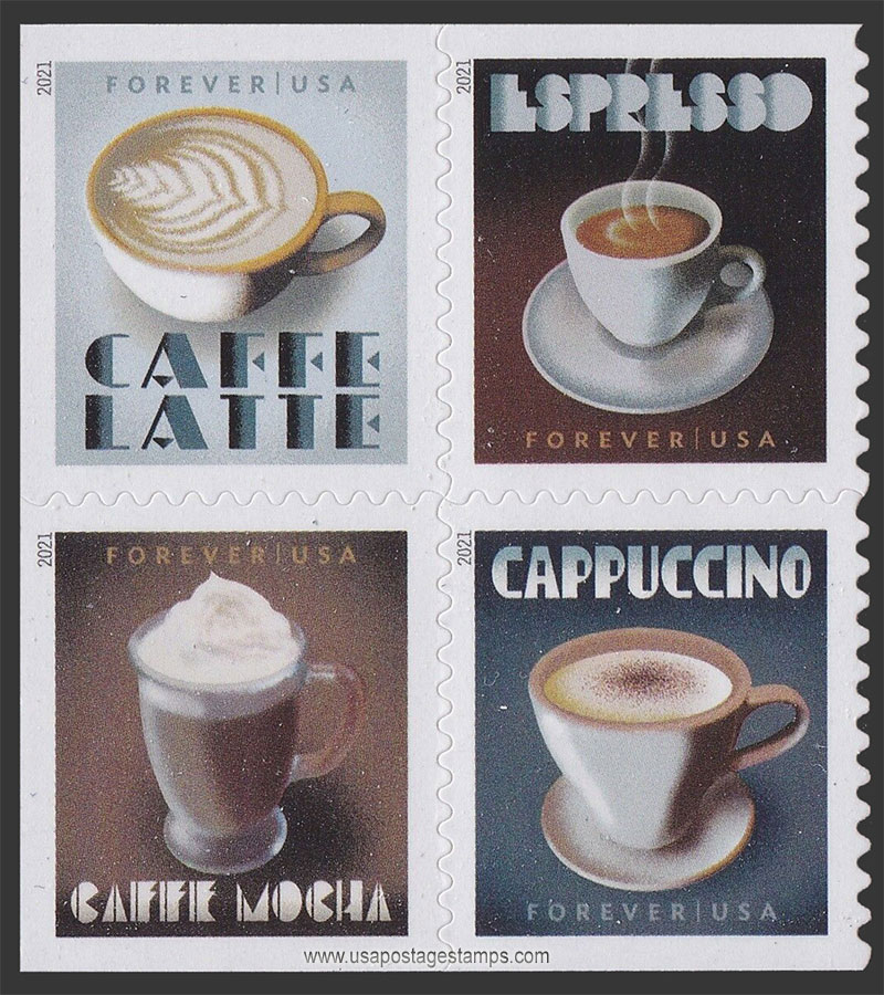 US 2021 Espresso Coffee Beverages ; Se-tenant 55c.x4 Scott. 5572a