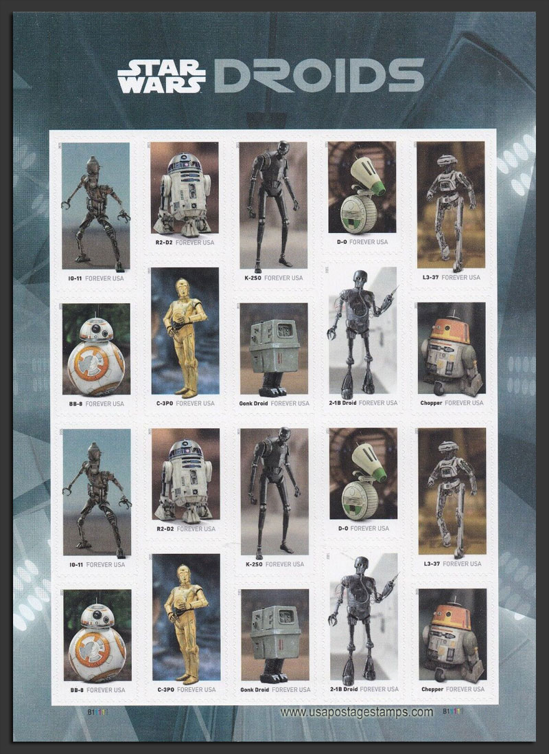 US 2021 Star Wars Droids ; Full Sheet 55c.x20 Scott. 5573-5582MS