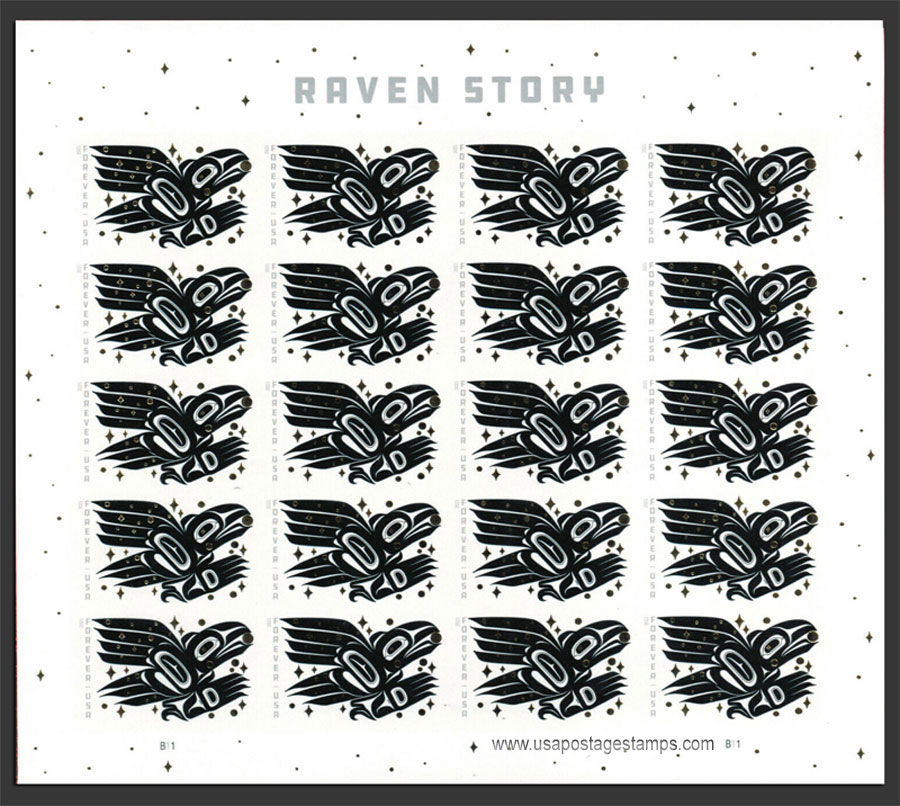 US 2021 Raven Story : American Folklore ; Imperf. Full Sheet 55c.X20 Scott. 5620aMS