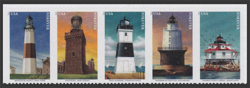 US 2021 Lighthouses of the Mid-Atlantic ; Se-tenant 55c.x5 Scott. 5625b