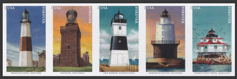 US 2021 Lighthouses of the Mid-Atlantic ; Imperf. Se-tenant 55c.x5 Scott. 5625c