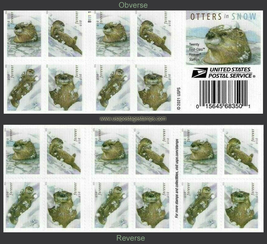 US 2021 Otters in Snow ; Booklet 58c.x20 Scott. 5651b