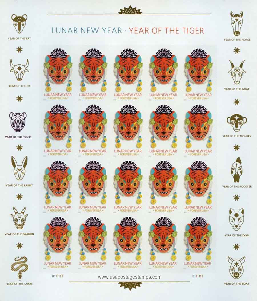 US 2022 Lunar New Year ; Tiger Full Sheet 58c. (FOREVER º) x20 Scott. 5662MS