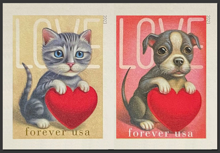 US 2023 Love : Kitten and Puppy ; Se-tenant Imperf. 60c.x2 Scott 5745a-46a